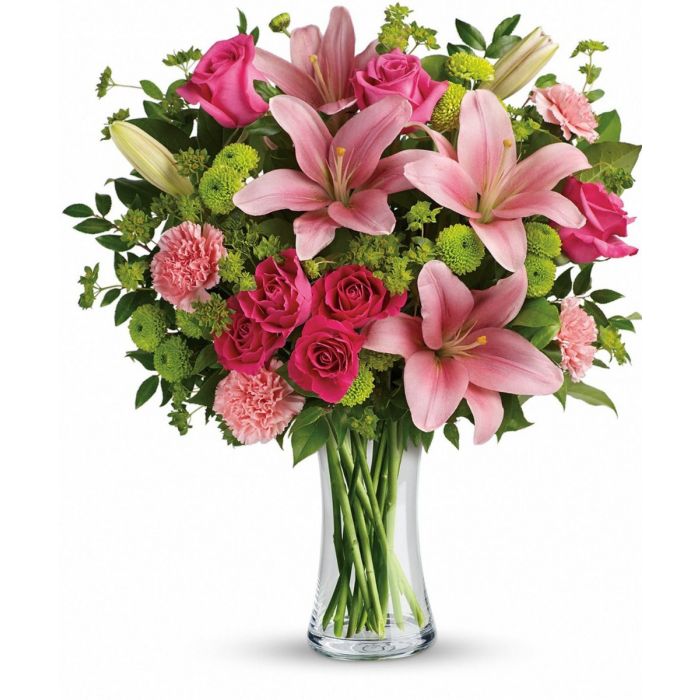 Rosa Linda is a beautiful mixed vase arrangement of Pinks and Lush Greens. Pink flowers and pink roses.